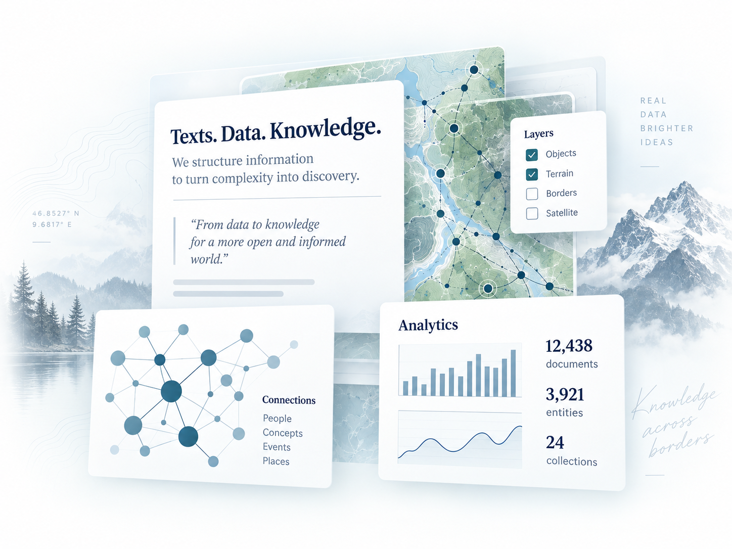 Geospatial data, textual corpora, network analysis and dashboards